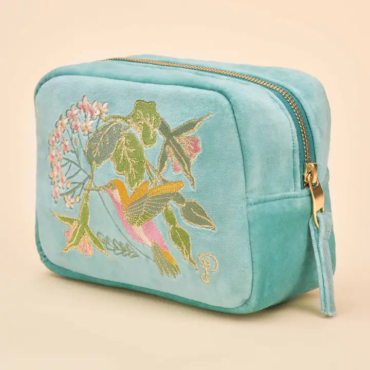 Powder Velvet Embroidered Zip Pouch Hummingbird Aqua