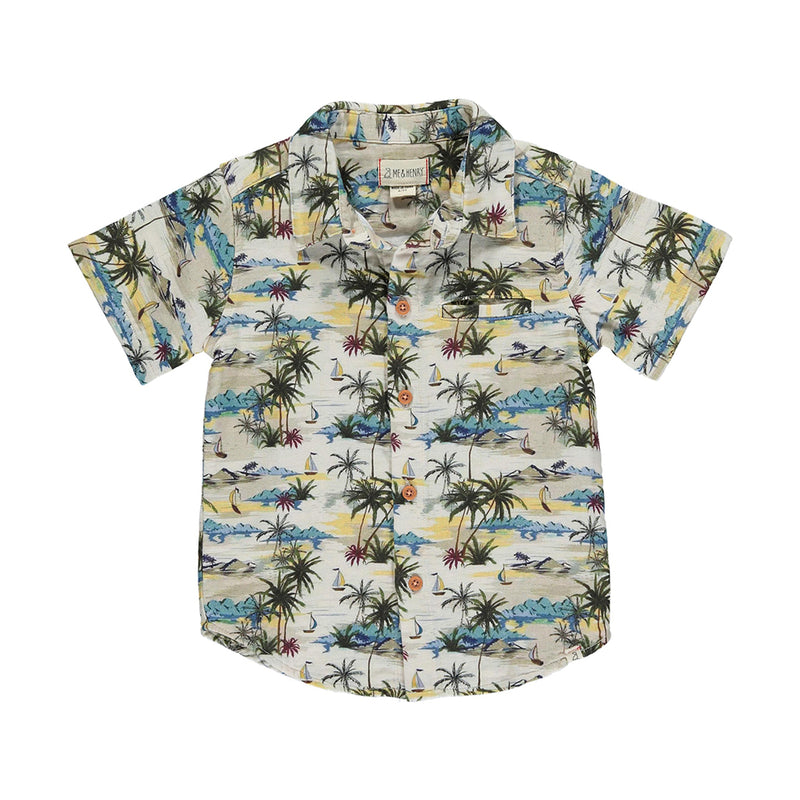 Maui Short Sleeve Button-up Shirt- Cream Hawaiian Print