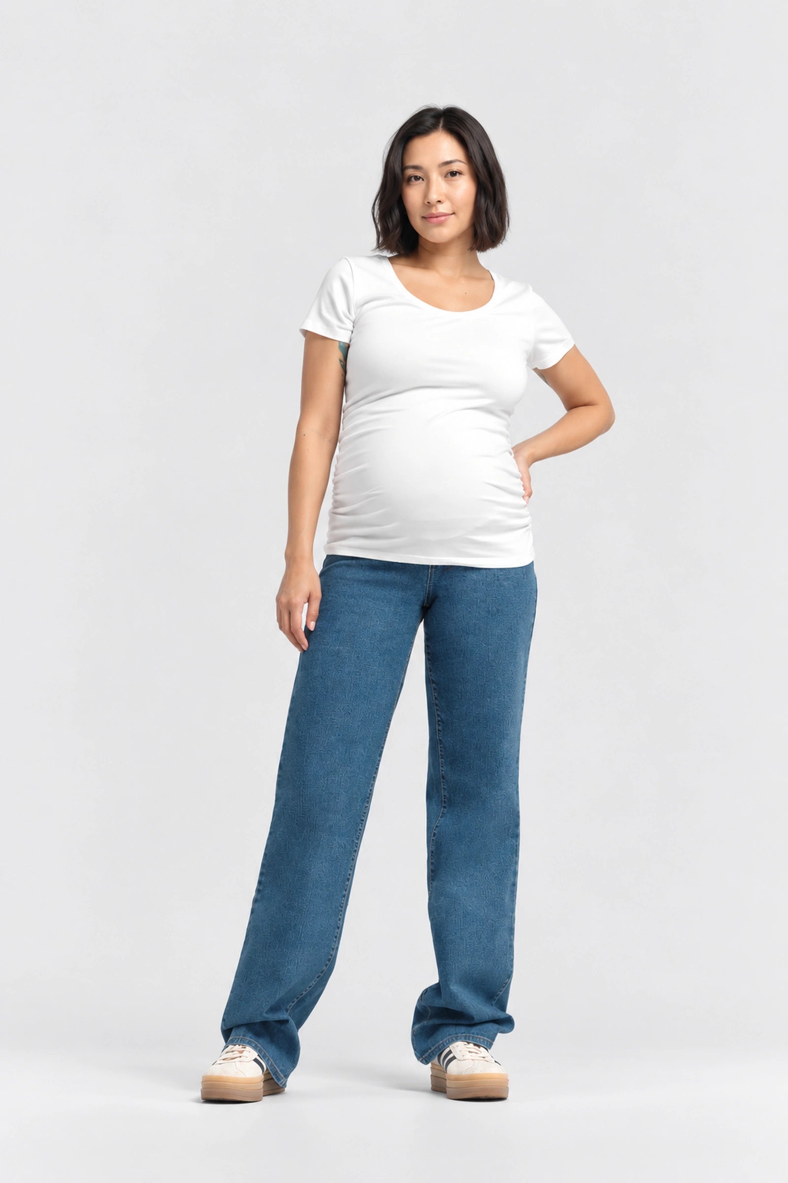 1822 Denim Baggy Straight Leg Maternity Jean with Bellyband, Iman, front view