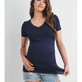 Basic V Neck Short Sleeve Maternity Tee with Ruched Side