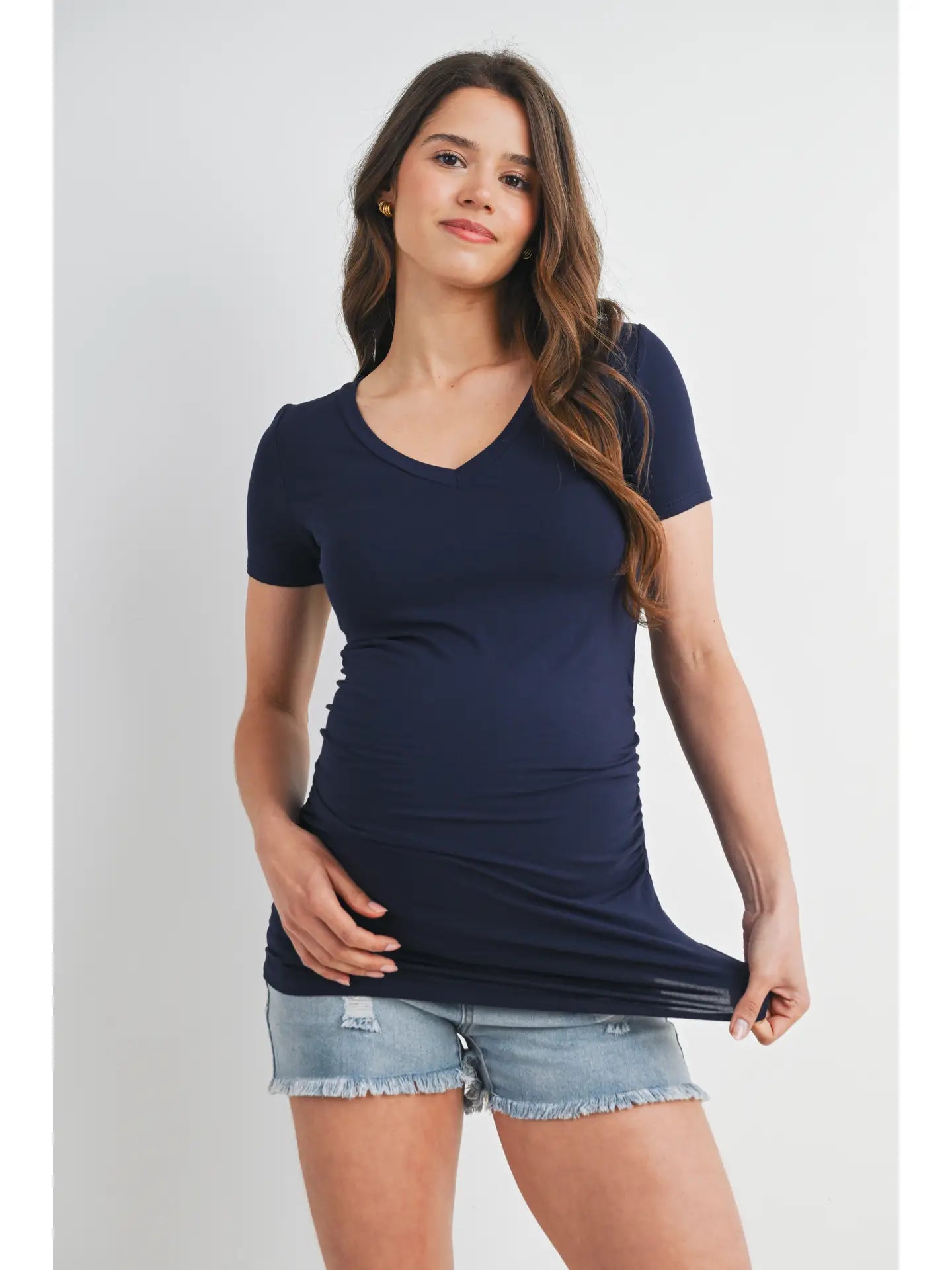 Basic V Neck Short Sleeve Maternity Tee with Ruched Side