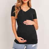 Basic V Neck Short Sleeve Maternity Tee with Ruched Side
