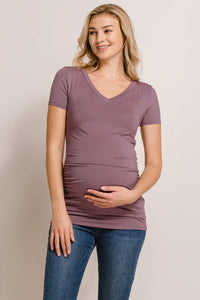 Basic V Neck Short Sleeve Maternity Tee with Ruched Side