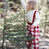 Child in a forest wearing red checkered overalls and a white sweater.