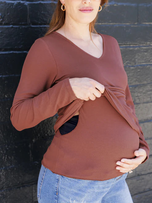 Ribbed Bamboo Maternity Nursing Long Sleeve T shirt