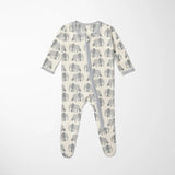 Print Footie with 2 Way Zipper in Natural Elephants