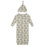 Print Layette Gown Converter & Single Knot Hat Set in Natural Elephants