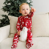 Print Footie with 2 Way Zipper in Crimson Polar Bear