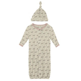 Print Layette Gown Converter & Single Knot Hat Set in Natural Hippo