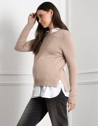 Kerryn Knit Maternity + Nursing Sweater with Woven Shirt