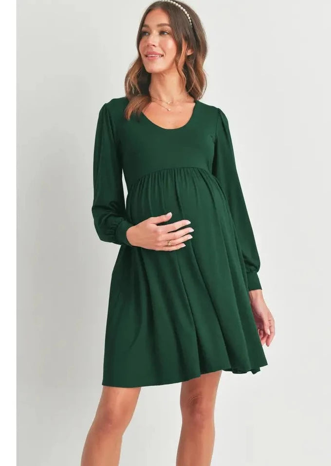 U Neck Puff Sleeve Maternity Dress with Pocket