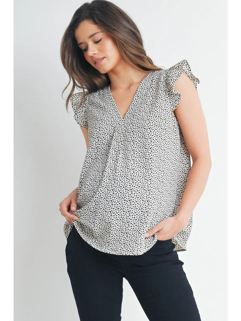 V-Neck Ruffle Cap Sleeve Maternity Top