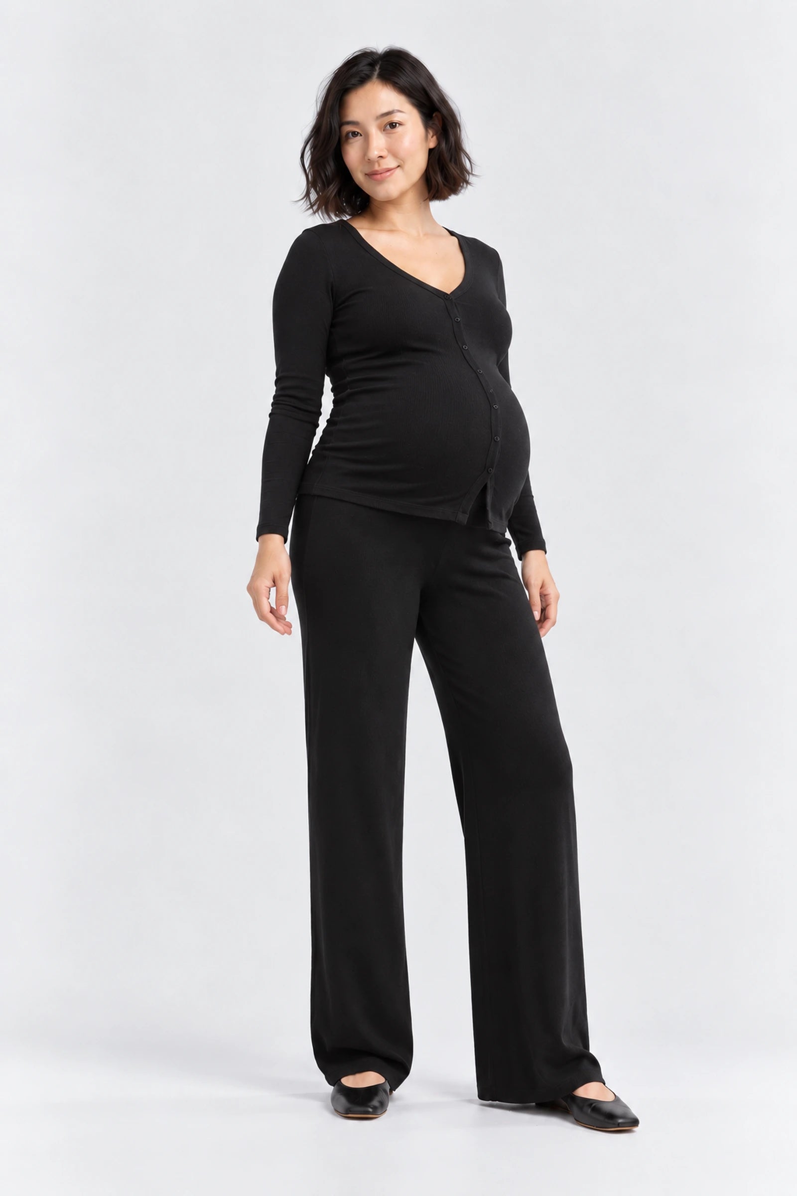Hatch The Softest Rib Over Under Relaxed Pant, black, front view