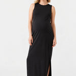 Front view of Ingrid & Isabel The Sidekick Maternity Column Dress in black on a pregnant model.