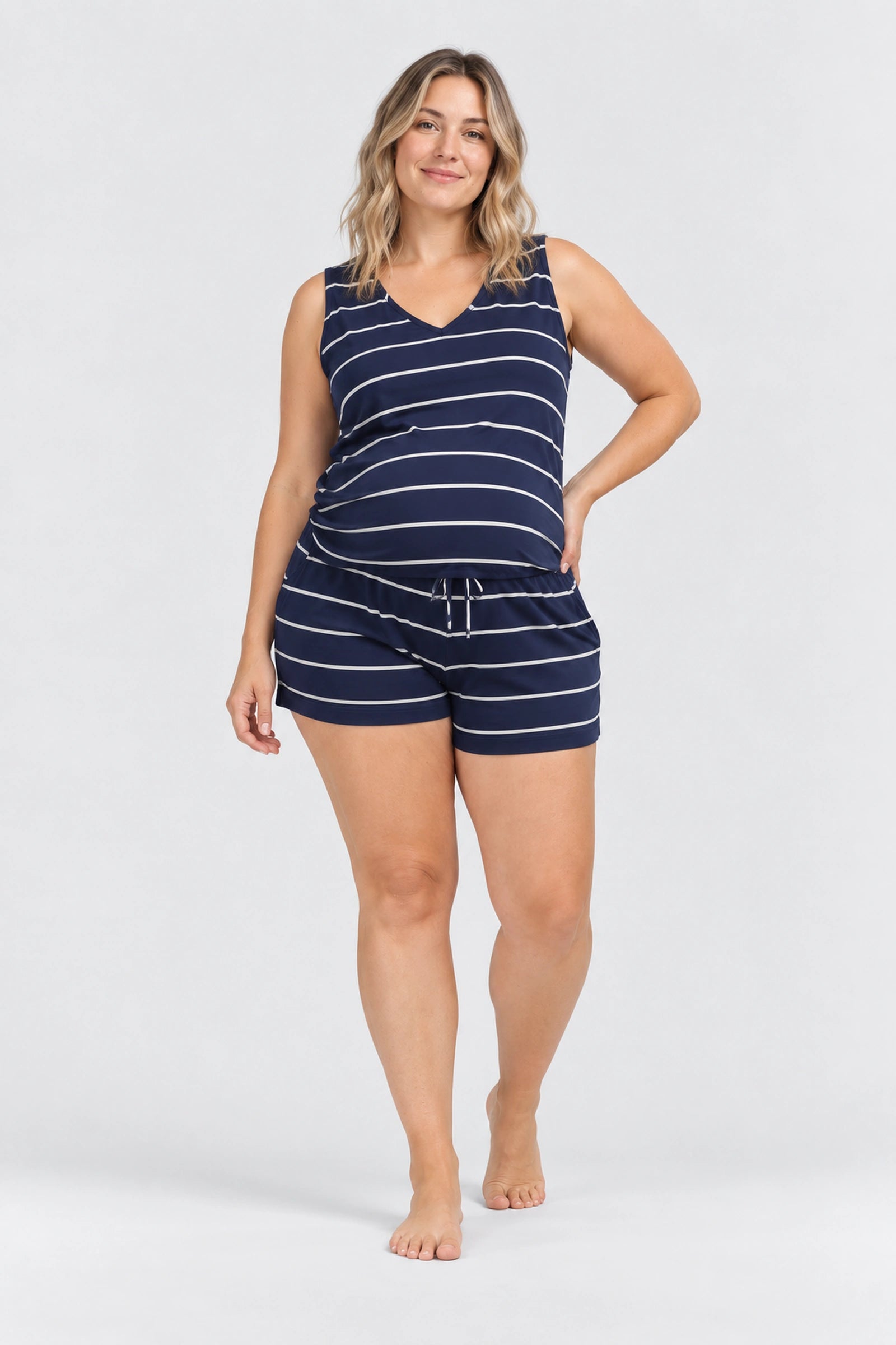 Kindred Bravely Aria Bamboo Casual Lounge Short, Navy & White Stripe, front view