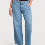 Detail view of NOM Slouch Under-Bump Relaxed Jeans — Light Wash