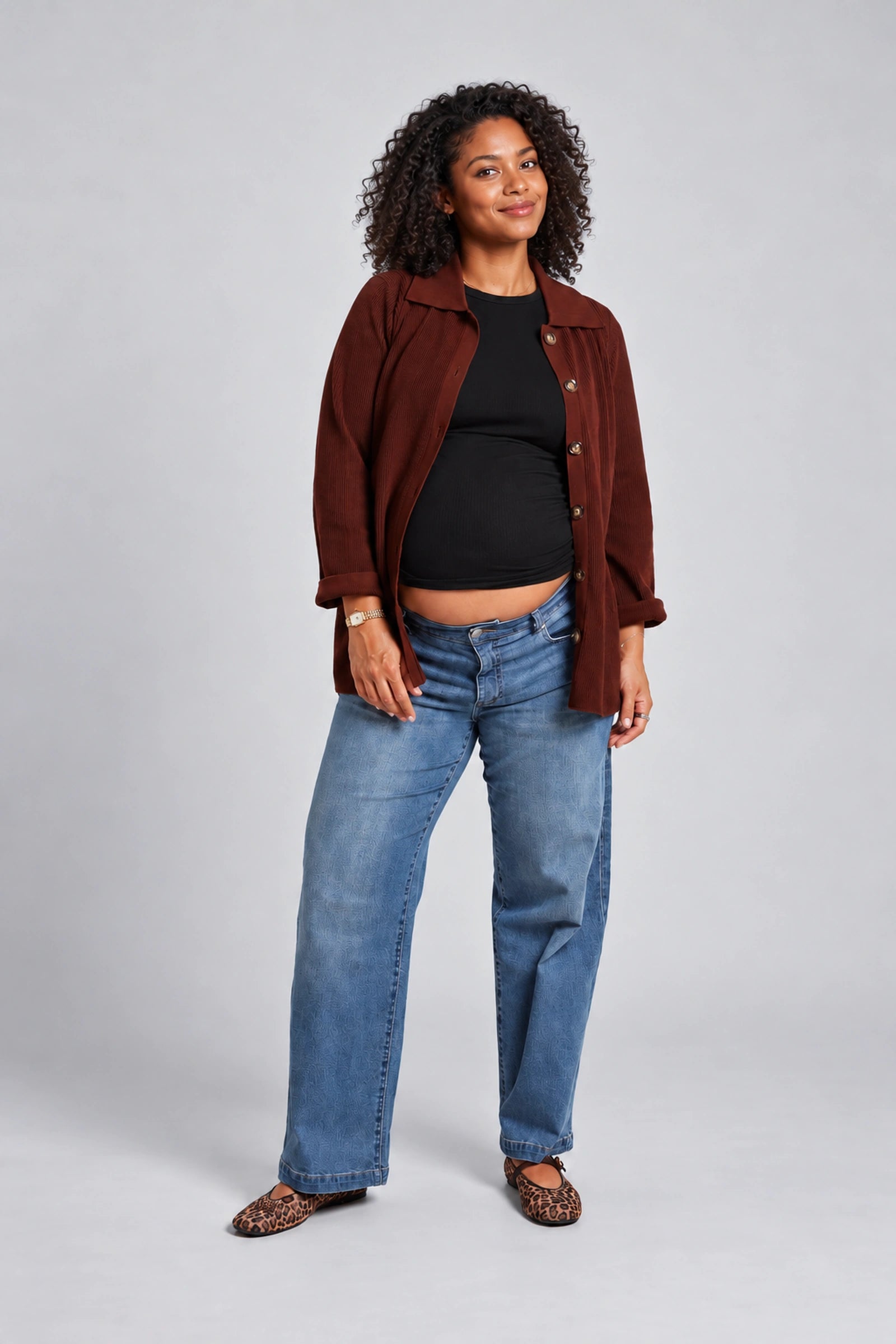NOM Thomasine Sweater Cardigan in Chocolate, full-length front view