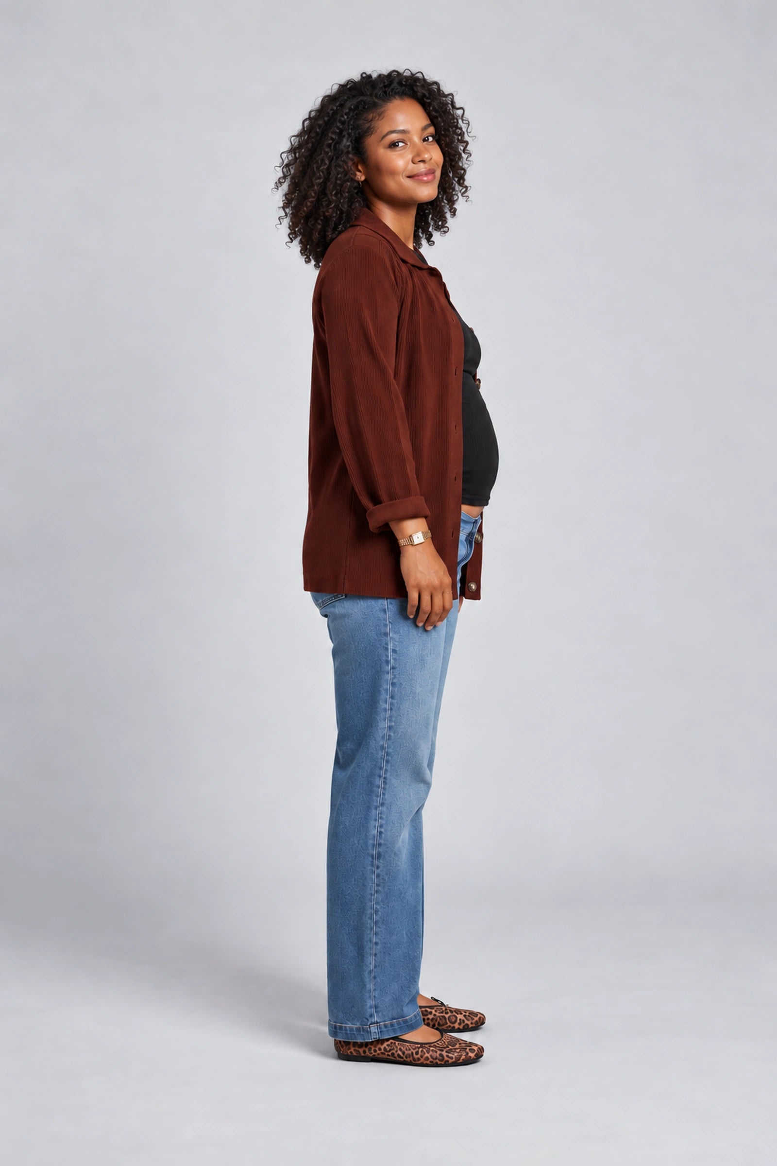 NOM Thomasine Sweater Cardigan in Chocolate, full-length side view