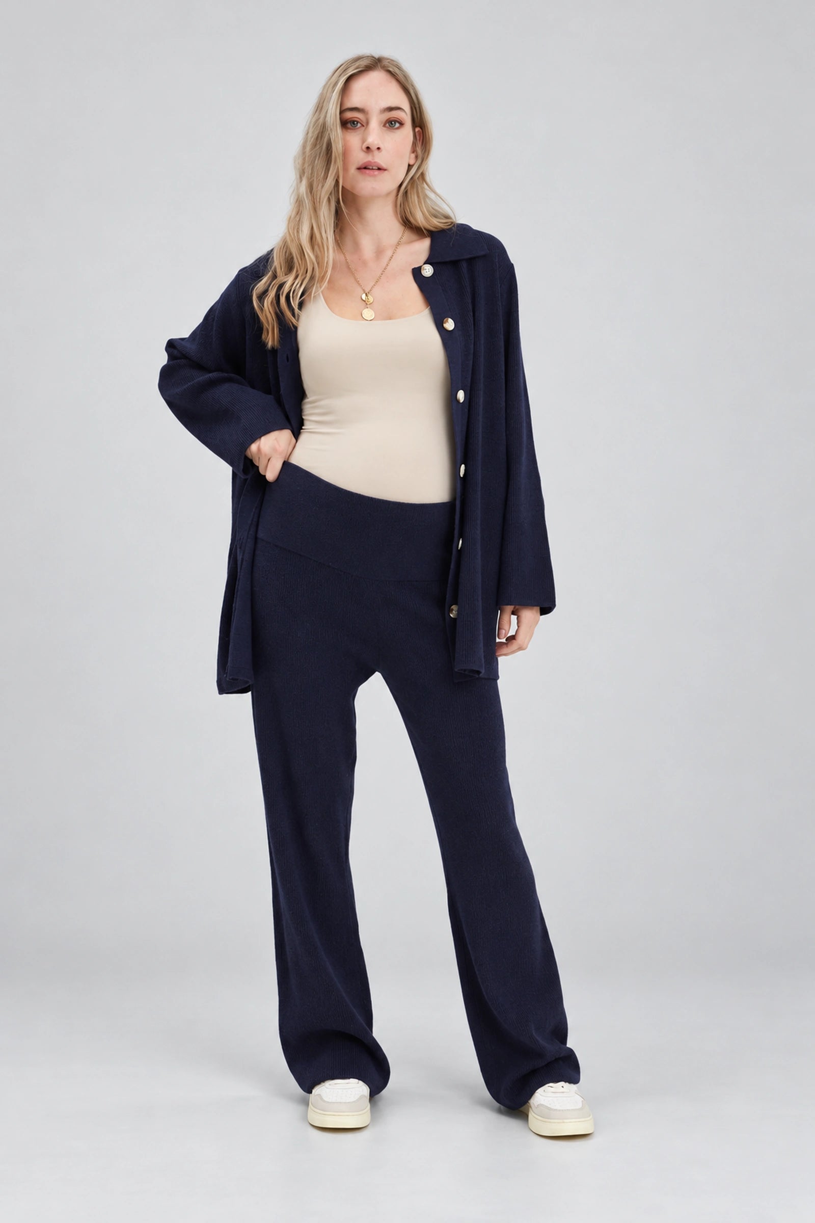 NOM Thomasine Sweater Cardigan in Navy, full-length front view