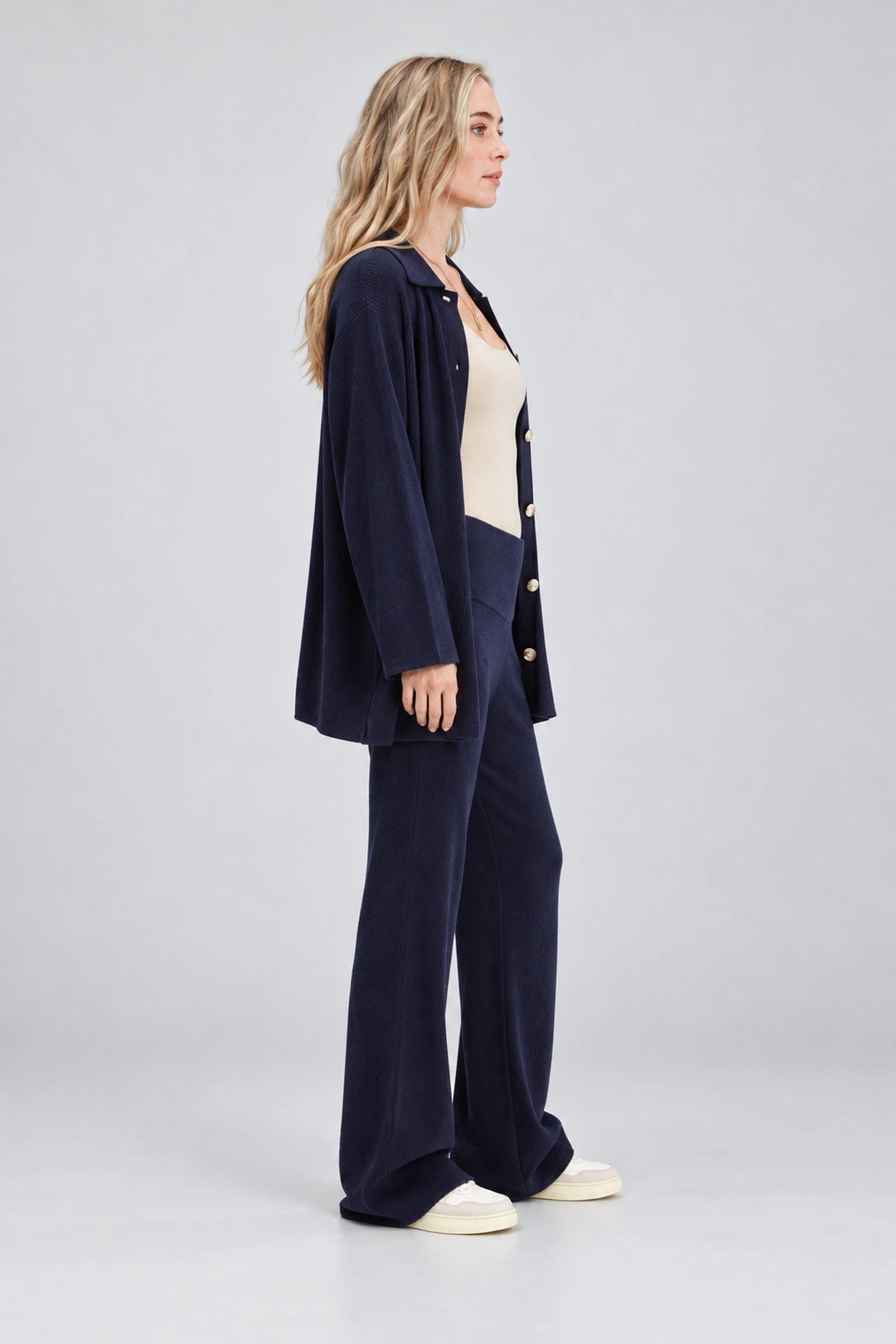 NOM Thomasine Sweater Cardigan in Navy, full-length side view