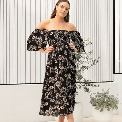 Trina Shirred Dress- Natural/Black Print
