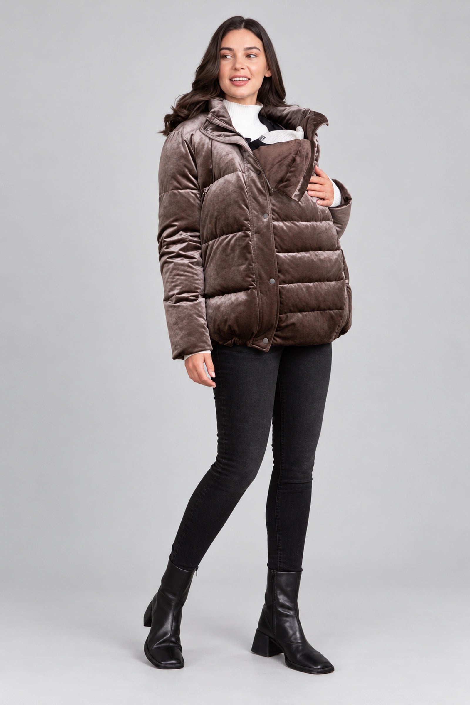 Aris Short Velvet Puffer Coat — front view