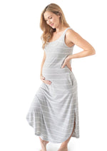 Zora nursing and maternity maxi dress in gray with fine white stripe detail  and pockets 