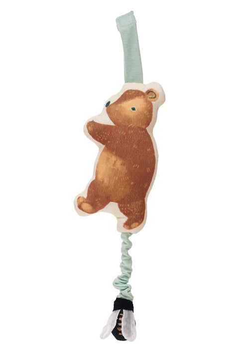 Brown bear stroller activity toy with pull-down bee plush that jitters on its way back up to the brown bear plush.
