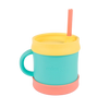 Esential sippy cup for toddlers and children in food grade silicon. With straw that can be tucked in lid. Poppy color base, Teal cup, Yellow lid, poppy straw. 