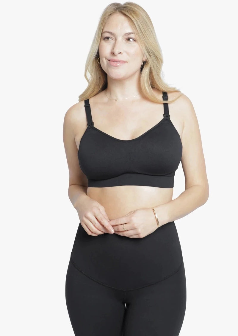 Cooling nursing and pumping bra with moisture wicking fabric and body cooling technology. In black. 