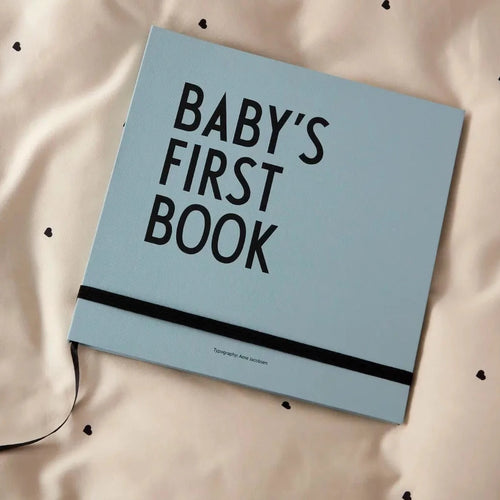 baby's first book in sans serif  font and blue 