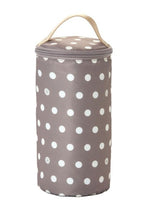 Insulated bottle pouch in white polka dot on gray background with fabric handle on top. 
