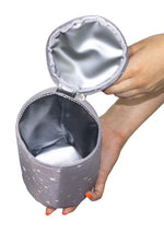 insulated bottle pouch interior with silver colored lining.