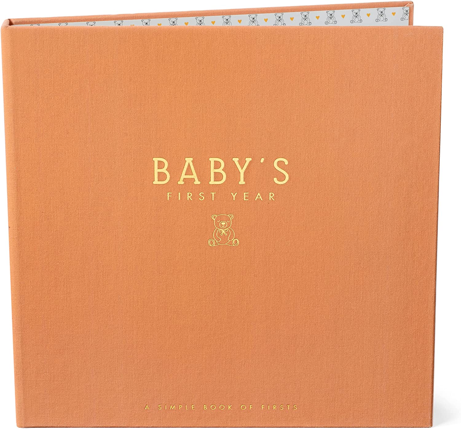 Detail shot showing Baby's First Year Memory book standing up with interior lining of repeating bear patterns showing 