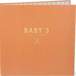 Detail shot showing Baby's First Year Memory book standing up with interior lining of repeating bear patterns showing 