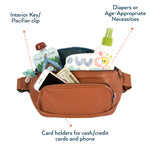 Functionality image of Kibou Fanny Pack diaper bag showing interior key/pacifier clip, card holder pocket that is large enough for a phone, and Diapers plus a snack pouch sticking out of the main pocket.