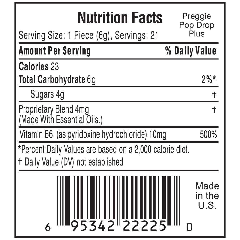 Nutrition facts for preggie pops drops for morning sickness. 