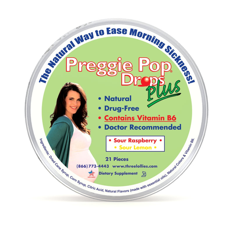 Preggie pop drops plus morning sickness candies. Packaging reads: the natural way to ease morning sickness. Natural, drug free, contains vitamin B6, doctor recommended. Comes in flavors Sour raspeberry and Sour lemon. 21 pieces in package. 