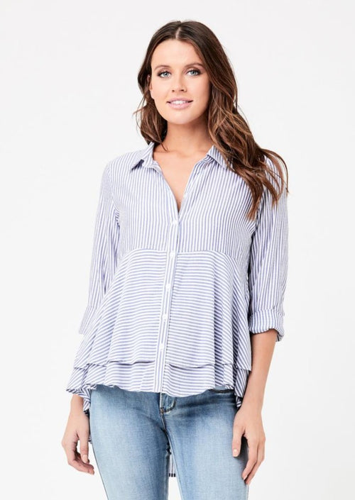 Layred Peplum Maternity and Nursing blouse in white and blue stripe with flair at natural waist.