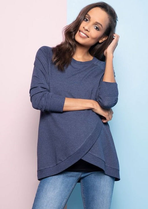 Blue crossover maternity and nursing sweater with tulip shaped hem that pull-aside as layers for nursing access