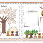 Interior image of Bear themed Baby's First Year memory book journal with scrapbook style illustrated pages featuring bear and woodland theme