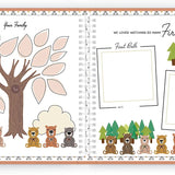 Interior image of Bear themed Baby's First Year memory book journal with scrapbook style illustrated pages featuring bear and woodland theme