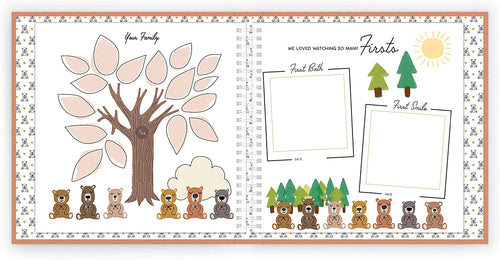 Interior image of Bear themed Baby's First Year memory book journal with scrapbook style illustrated pages featuring bear and woodland theme