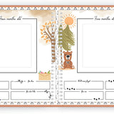 Interior image of Bear themed Baby's First Year memory book journal with scrapbook style illustrated pages featuring bear and woodland theme