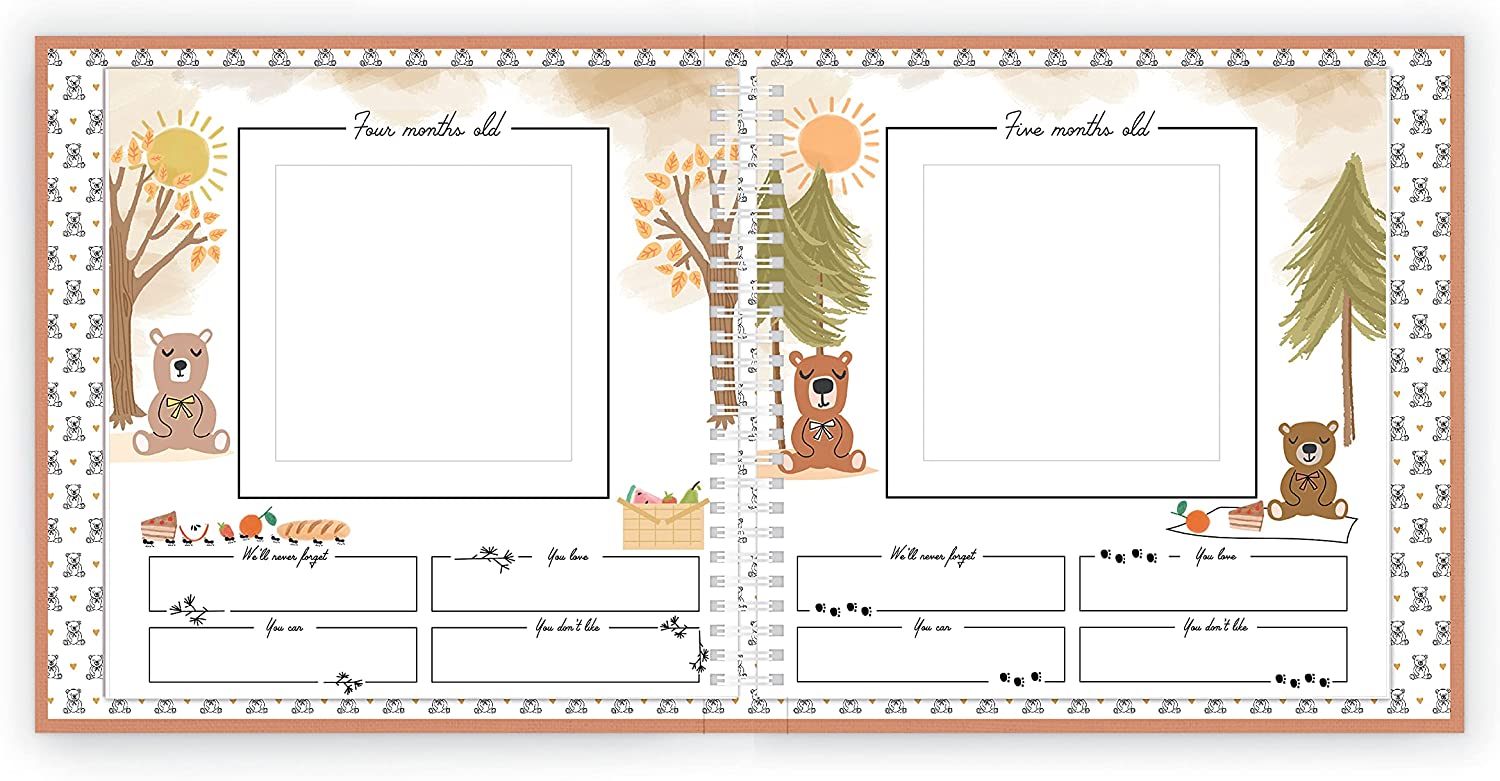 Interior image of Bear themed Baby's First Year memory book journal with scrapbook style illustrated pages featuring bear and woodland theme