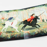 Interior image from book "Day Dreamers" by Emily Winfield Martin featuring 2 children riding unicorns through a forest with the text, "Two nimble footed unicorns meet two brave hearted friends."