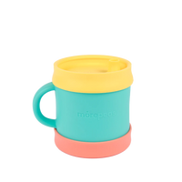 Morepeas essential sippy cup without straw. Poppy color base, teal cup, yellow lid. 