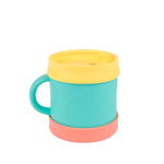 Morepeas essential sippy cup without straw. Poppy color base, teal cup, yellow lid. 