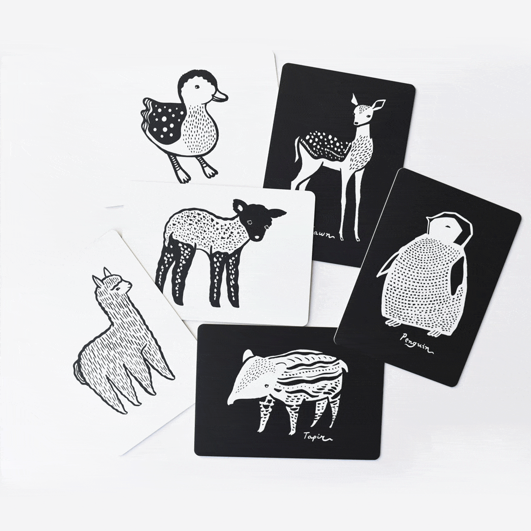 Black and white art cards for babies to focus on featuring 6 baby animals: deer, duck, penguin, lamb, alpaca, and tapir. Each card has name of animal written below the illustration. For newborns who see contrast more than color. 